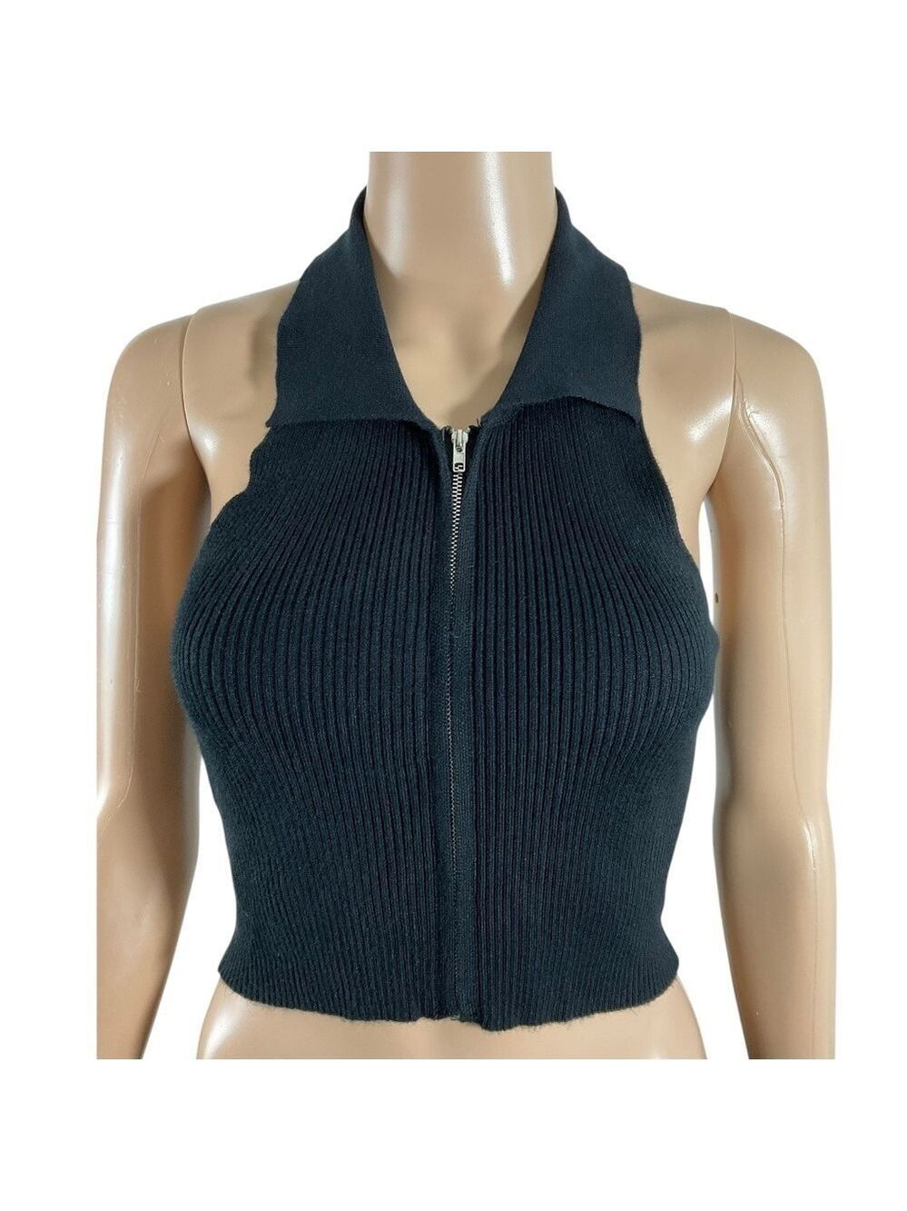 Debut Black Ribbed Knit Zip Front Collared Halter Crop Top M/L